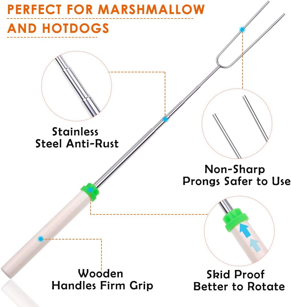 Marshmallow Roasting Sticks, Smores Sticks for Fire Pit with Wooden Handle, Stainless Steel Telescoping Roasting Sticks, 32 Inch Extendable BBQ Forks for Fire Pit, Campfire and Sausage BBQ Set of 8 : Garden & Outdoor