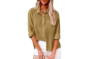 SHOPESSA Linen Shirts for Women Summer Plain Linen Button Down Shirts Long Sleeve Linen Top with Pockets Collared Blouse