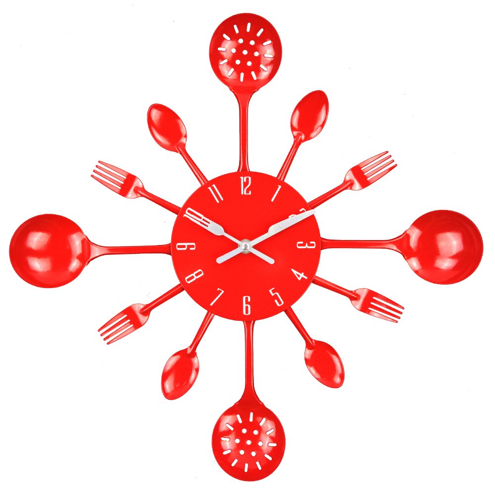 Timelike Wall Clock, 16" Metal Kitchen Cutlery Utensil Spoon Fork Wall Clock Creative Modern Home Decor Antique Style Wall Watch (Red)