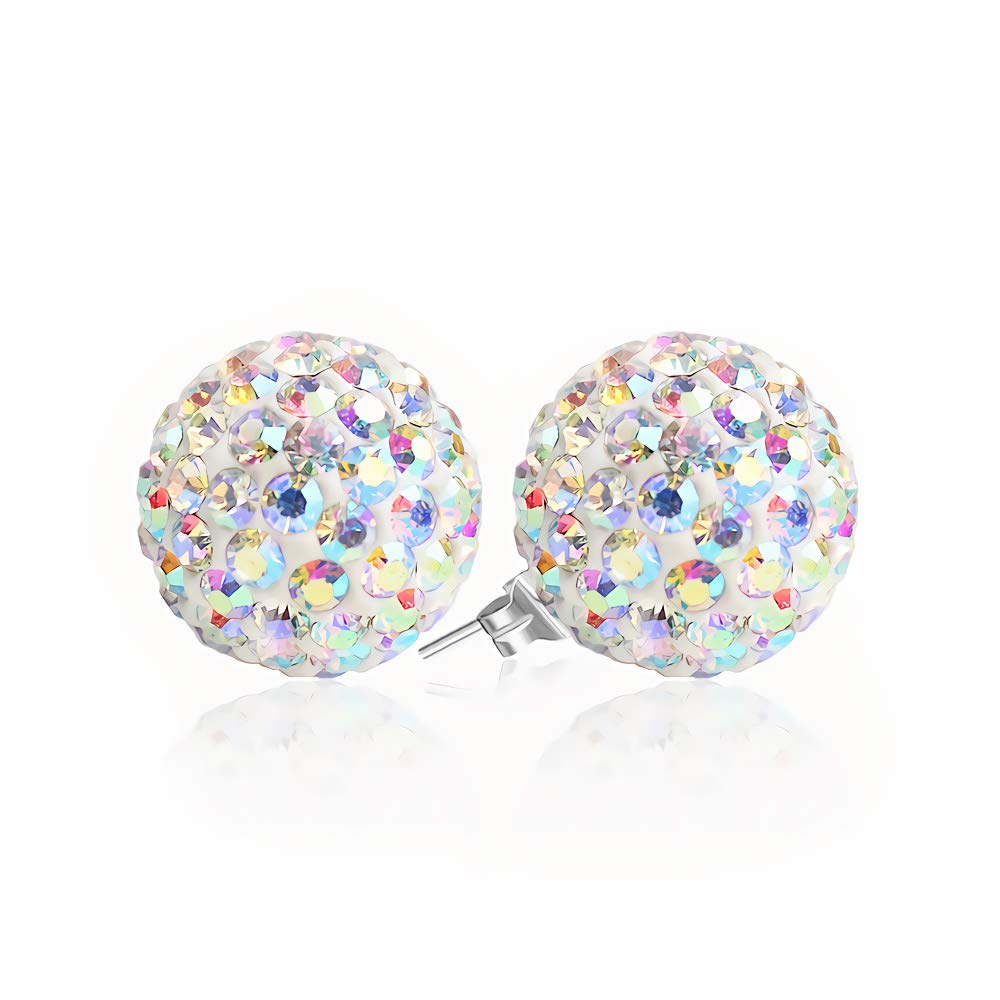 BAYUEBA 925 Sterling Silver Sparkle Crystal Ball Stud Earrings for Women, 10MM, Resin, crystal