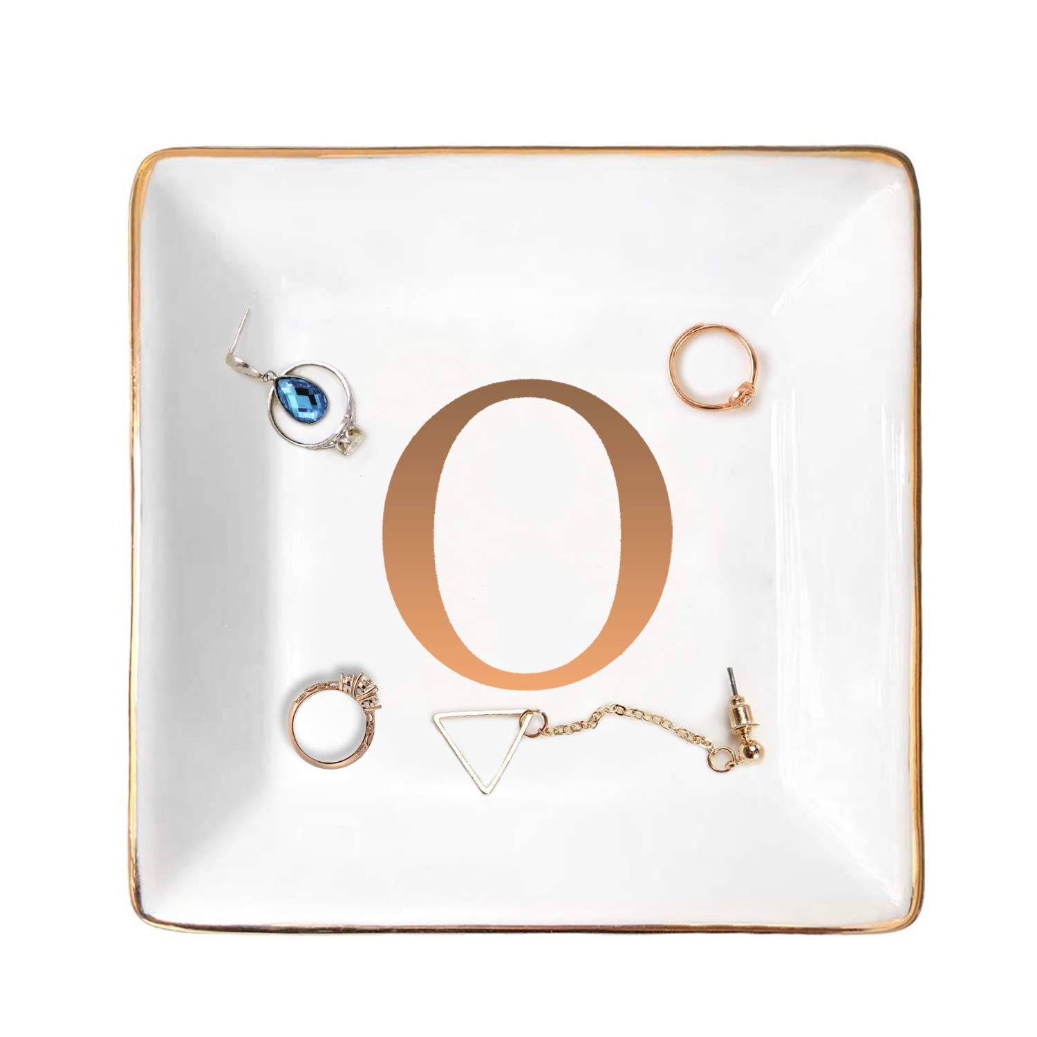 ANOTION Jewelry Tray Ring Dish with Ini-tial Gift- Personalized Trinket Dish and Jewelry Dish with Gold Initials Key Bowl Ceramic Holder, Unique Wedding or Engagement Present