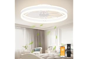 VOLISUN Low Profile Ceiling Fans with Lights and Remote, 23.6in Flush Mount Ceiling Fans with Light, 3000K-6500K Dimmable Fandelier LED Fan Light, White Bladeless Ceiling Fans with Lights for Bedroom