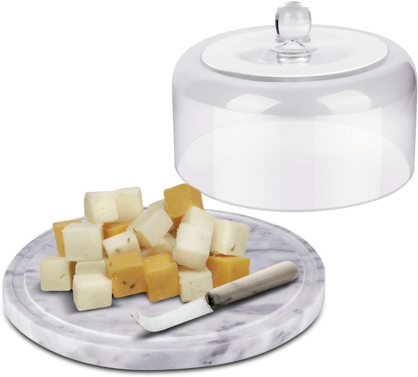 Flexzion Marble Cake Stand with Lid Round Glass Cover Glass Dome Cake Saver Cheese Holder Serving Platter Stone Cake Stand Cutting Board Slab Set for Kitchen Dining Bakery Pastries Display 11 Inches - Image 4