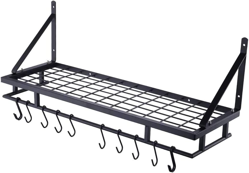 KES Pot Pan Rack Wall Mounted Kitchen Hanging Rack Storage Organizer Wall Shelf with 12 Hooks 76CM Matte Black, KUR215S75A-BK - Image 3