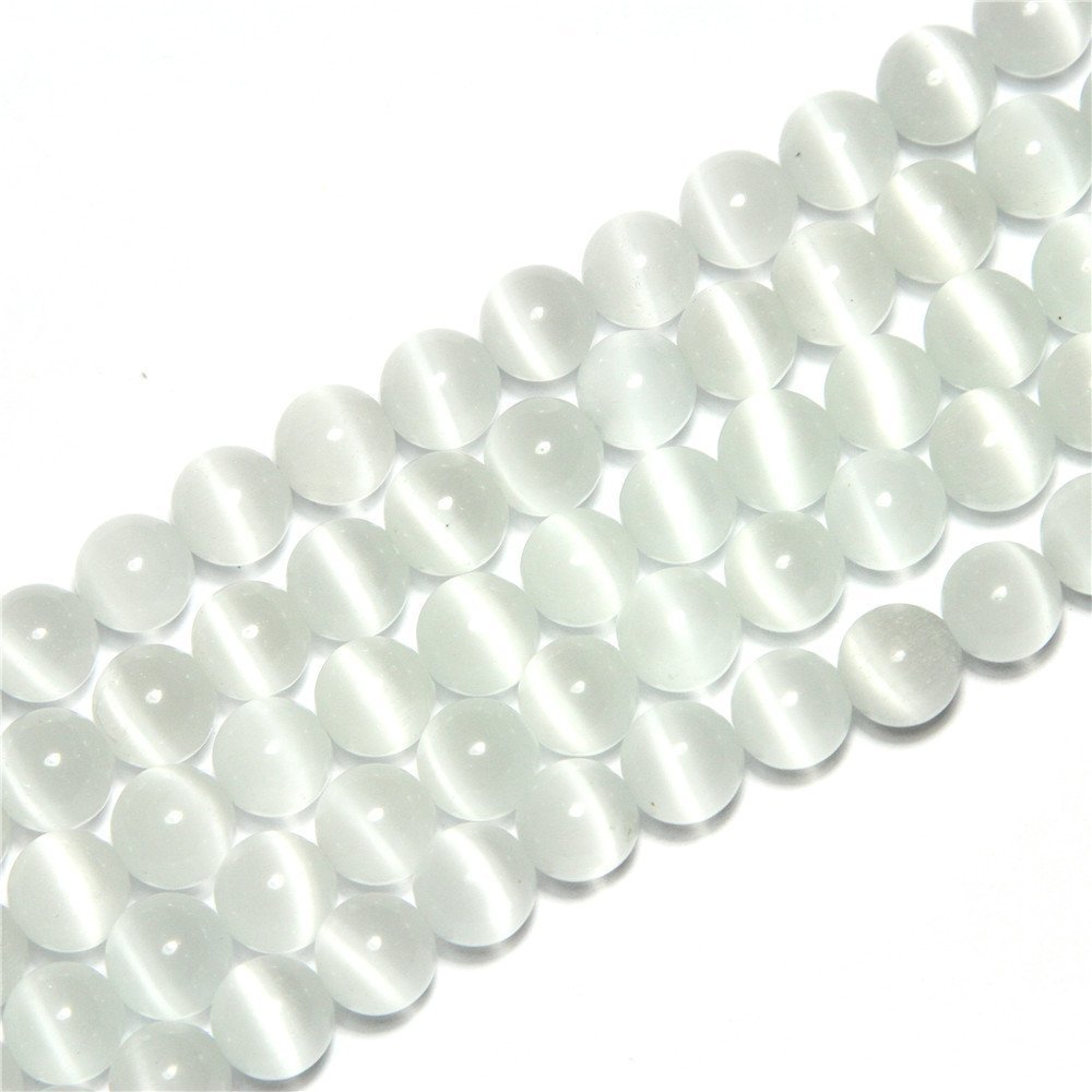 10mm White Cat Eye Beads Round Semi Precious Gemstone Loose Beads for Jewelry Making (38-40pcs/strand)