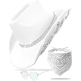 JICASTO Cowboy Hat for Women Men 6 Sparkly Stars Brim & Rhinestone Belt Western Cowgirl Hat with Sunglasses Bandanas