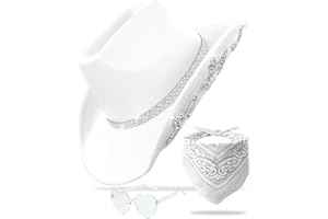 JICASTO Cowboy Hat for Women Men 6 Sparkly Stars Brim & Rhinestone Belt Western Cowgirl Hat with Sunglasses Bandanas