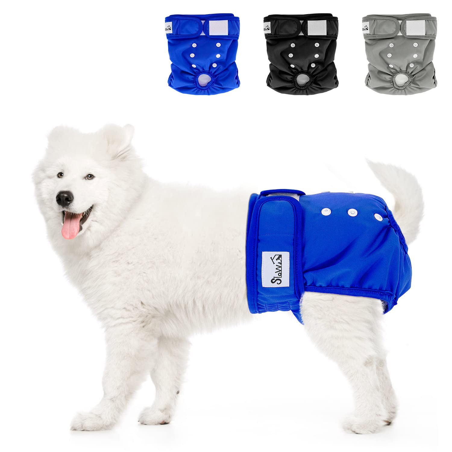 SlowTon Reusable Dog Nappies Female, 3 Pack No Leak Washable Period Pants Super Absorbent Heat Comfortable Sanitary Diapers with Adjustable Buttons for Small Medium Large Dogs, Black/Grey/Blue