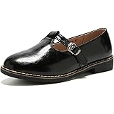 TRULAND Women's Leather Mary Jane Oxfords Shoes - Slip On T-Strap Loafers Casual Closed Toe Dressy Flats Shoes for Office Work