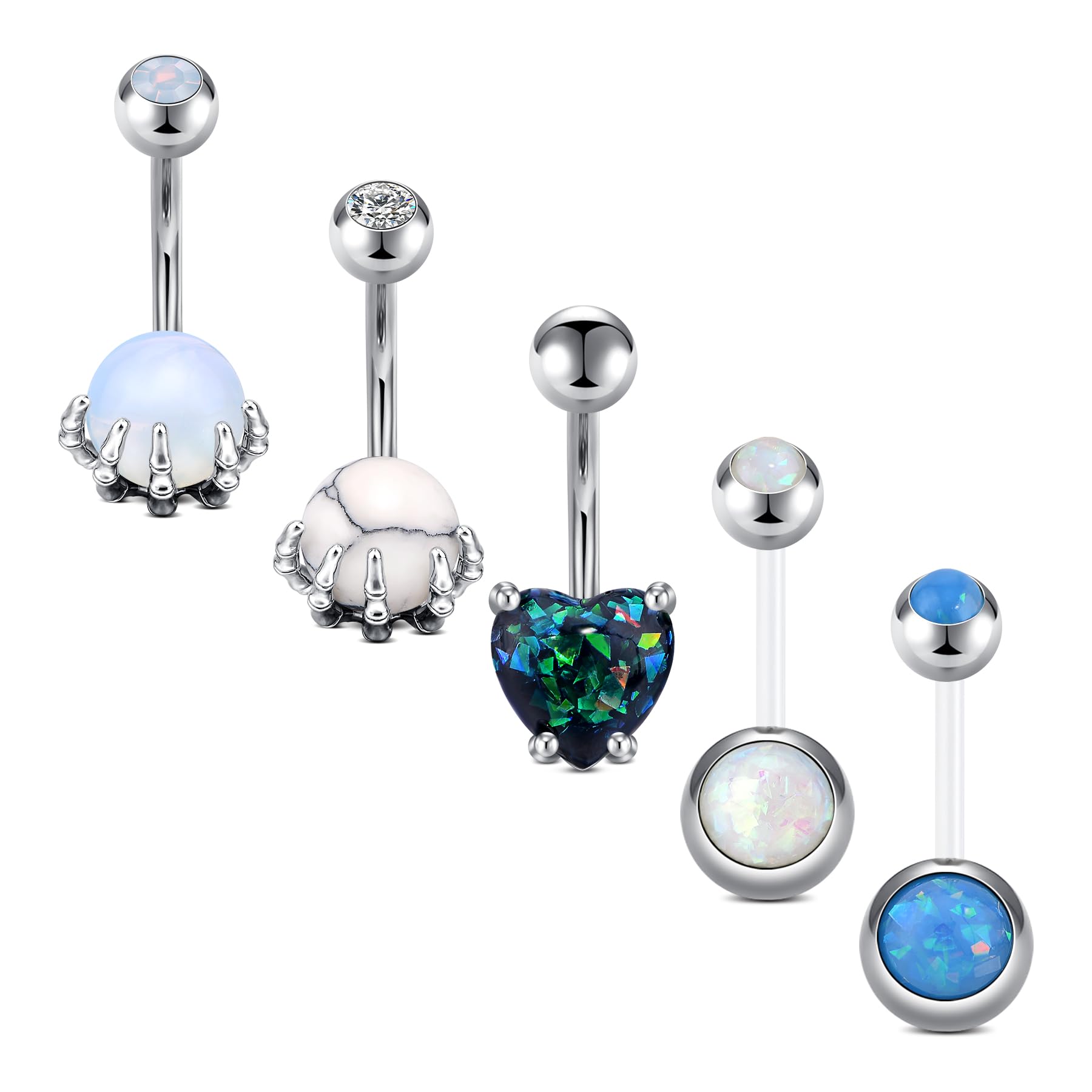 D.Bella 14G Belly Button Rings Dangle Surgical Stainless Steel Heart Shape Skull Hand Belly Rings Marble Stone Opal Navel Rings Piercing 10mm 3/8" Belly Button Piercing for Women