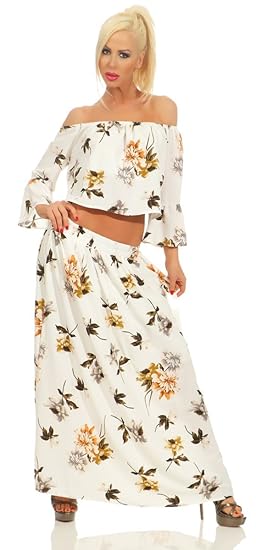 Fashion4Young 5260 Damen Maxikleid 2-teilig Bandeau Sommerkleid Bluse Rock Geblümt Maxi Kleid Dress