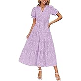 ZESICA Womens 2026 Summer Puff Short Sleeve Midi Dress Floral V Neck Textured Ruffle Flowy Beach Party Dresses