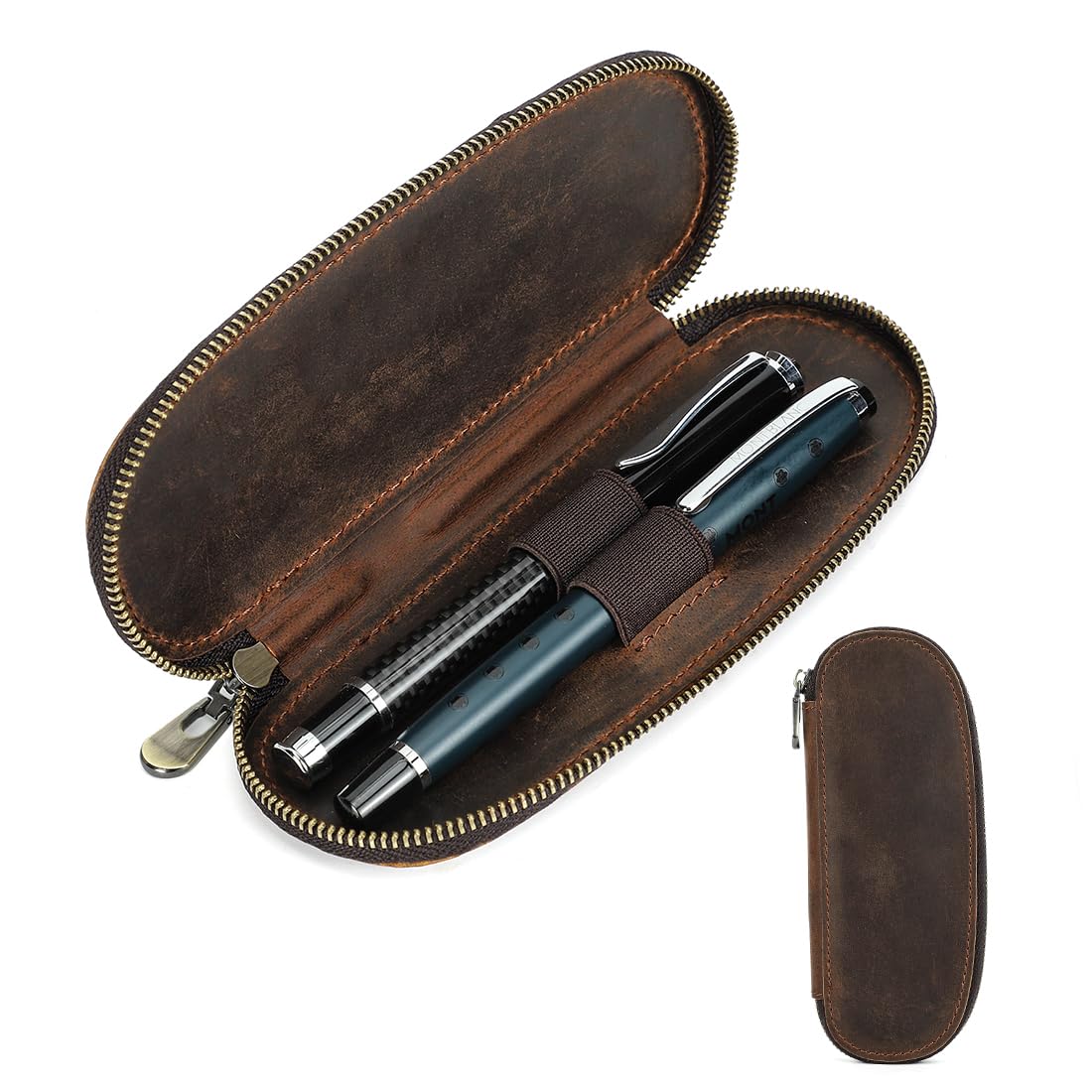 CONTACTS Genuine Leather Pen Case Handmade,Vintage Pen Holder,Pen Protective Zip Sleeve for Travel, Elegant Desk Writing Case,Pencils Organizer Box (Coffee-2-Zip)