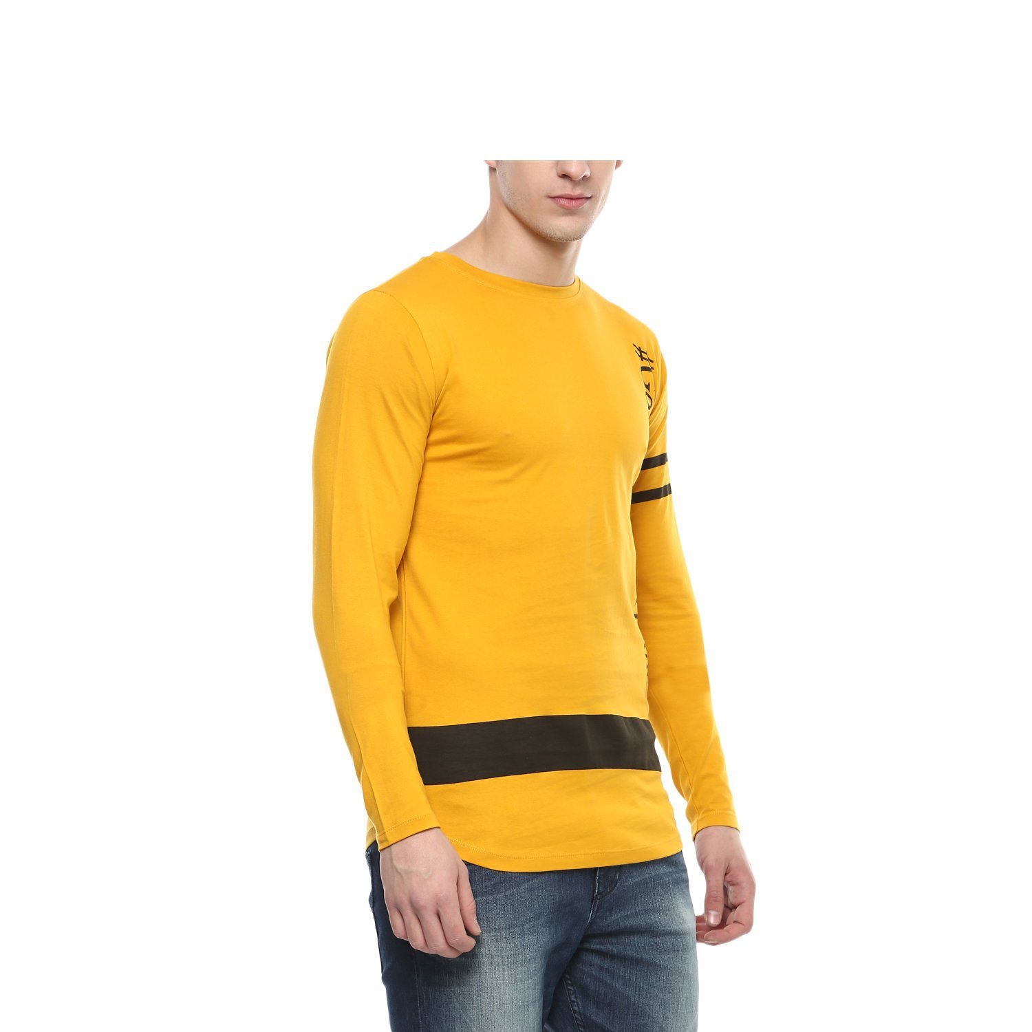 urbano fashion men's yellow full sleeve printed slim fit cotton t-shirt