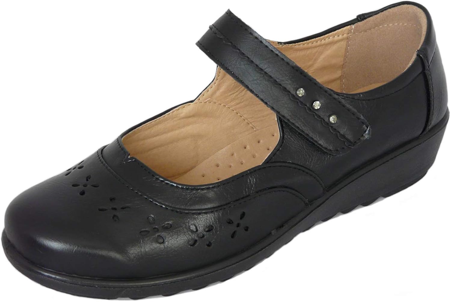 Cushion Walk Womens Ladies Lightweight Black Faux Leather Mary Jane Flats, Casual Work Office Cushion Walk Womens Ladies Lightweight Black Faux Leather Mary Jane Flats, Casual Work Office