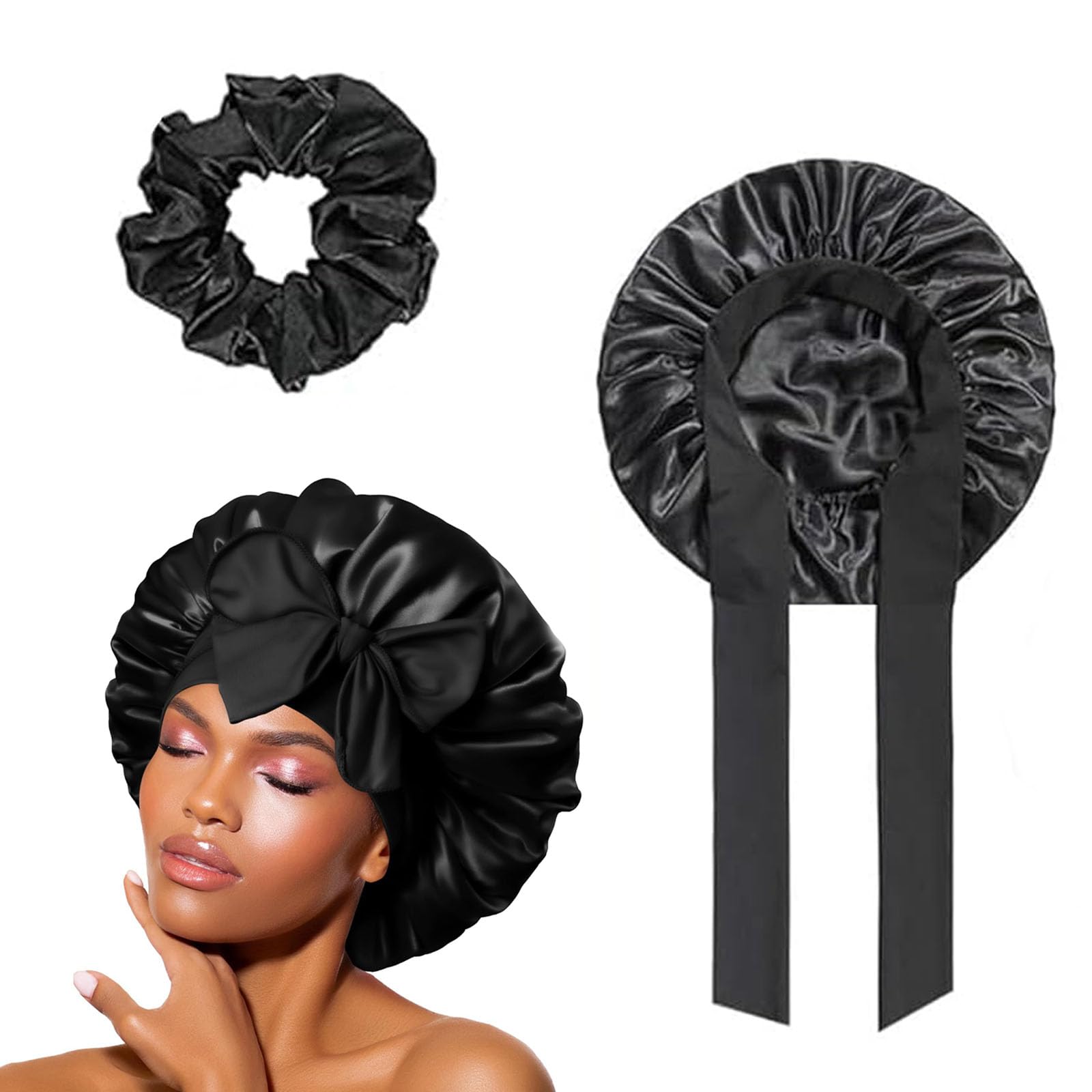 2Pcs Silk Hair Bonnet, 1Pcs Silk Bonnet for sleeping curly hair And 1Pcs Black Headband, Adjustable Satin Night Sleeping Cap Soft Elastic Band Satin Bonnet