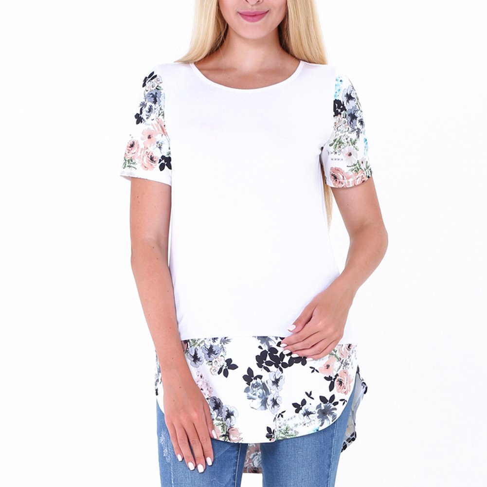 Floral Print White Short Sleeve T Shirt Loose Blouse Casual Tunic Tops Plus Size XL