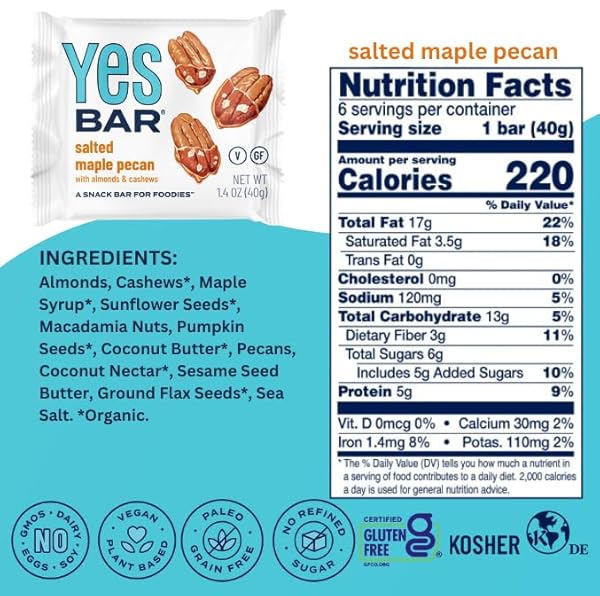YES BAR – SALTED MAPLE PECAN – PLANT BASED PROTEIN, DECADENT SNACK BAR – VEGAN, PALEO, GLUTEN FREE, DAIRY FREE, LOW SUGAR, HEALTHY SNACK, BREAKFAST, LOW CARB, KETO FRIENDLY (6 COUNT)