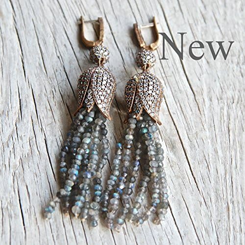 Tulip Jewelry, Labradorite Tassel, Labradorite Long Dangle Earrings, Zirconi Stone FAST SHIPPING, DELIVERY TİME 3 DAYS VIA UPS AND NO ADDITIONAL CHARGE