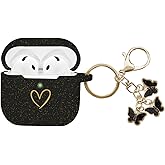 AIIEKZ Compatible AirPods 4 Case Cover 2024, Soft Silicone Case with Gold Heart Pattern for AirPods 4th Gen, Cute Butterfly Keychain for Girls Women (Glitter Black)