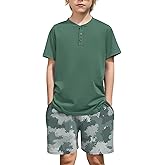 Arshiner Boy's Henley T-Shirt and Shorts Set 2 Pieces Summer Clothing Outfits 10-11 Years Green & Camo
