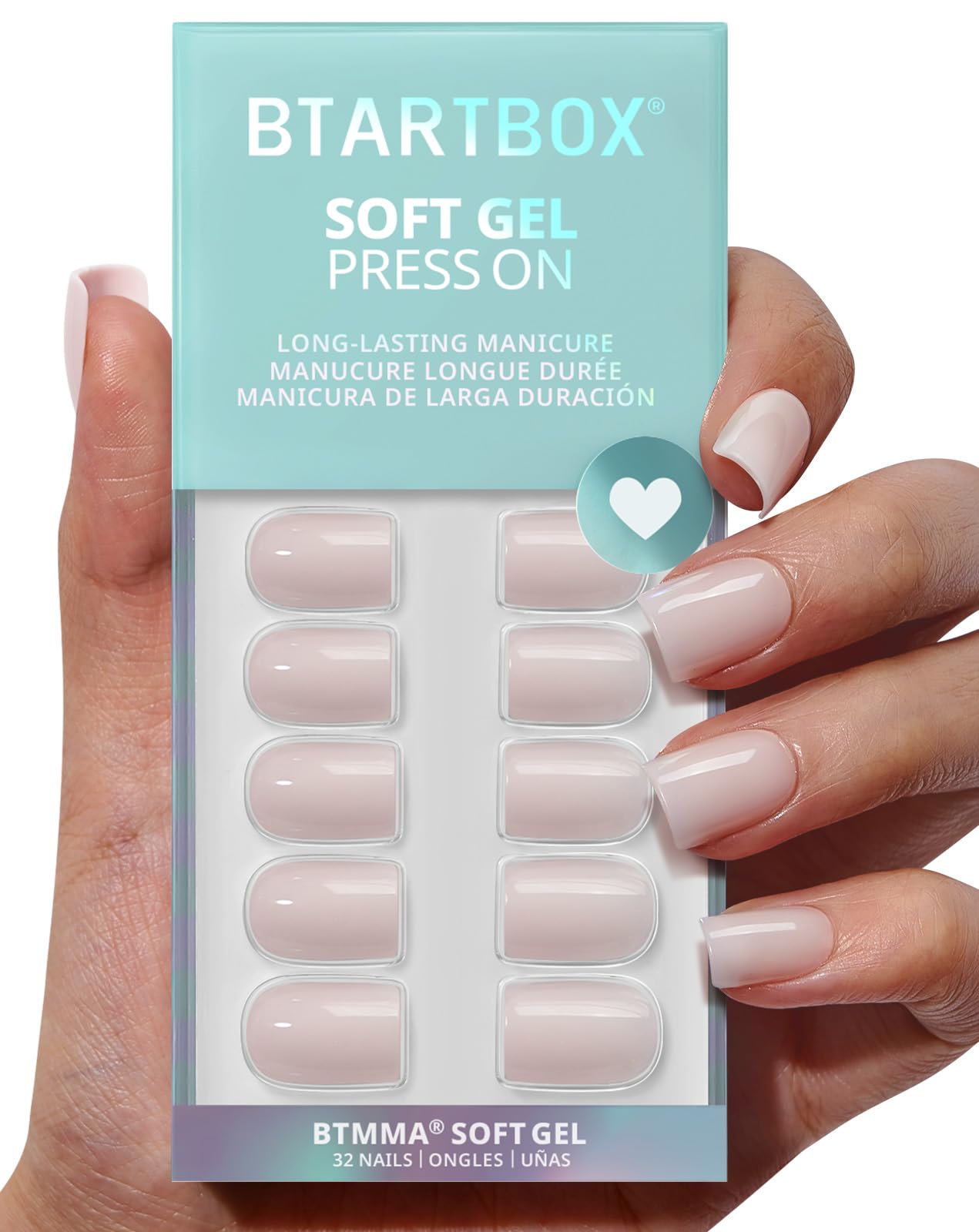 Photo 1 of BTArtbox Press On Nails Square - Pastel Short Press On Nails with Glue for Women, Opaque Soft Gel Glue On Nails in 16 Sizes - 32 Stick On Nails Kit, Heeled Neutral