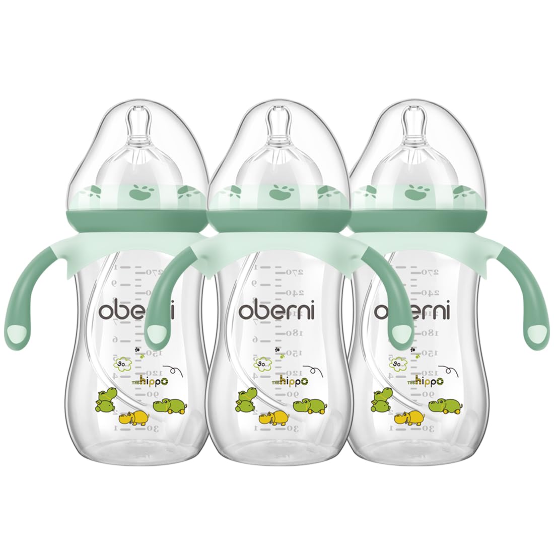 Oberni Anti-Colic Baby Bottle with Size 4 Breast-Like Teat, Non-Slip Handles, Weighted Straw for 12 Months Newborn Babies, 270ml/9oz/Green/3Pack