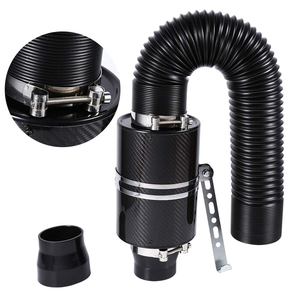 Car Air Intake Filter, 3" Black Universal Cold Air Filter Induction Kit Carbon Fiber Heat Shield Cold Air Filter Feed Enclosed Intake Induction System with Flexible Pipe Hose