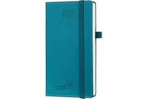 POPRUN Pocket Planner 2024-2025 (3.5'' x 6.5'') 17 Months Academic Calendar (Aug.2024 - Dec.2025), Weekly Appointment Book with Vegan Leather Hard Cover, Elastic Closure, Pen Holder - Pacific Green