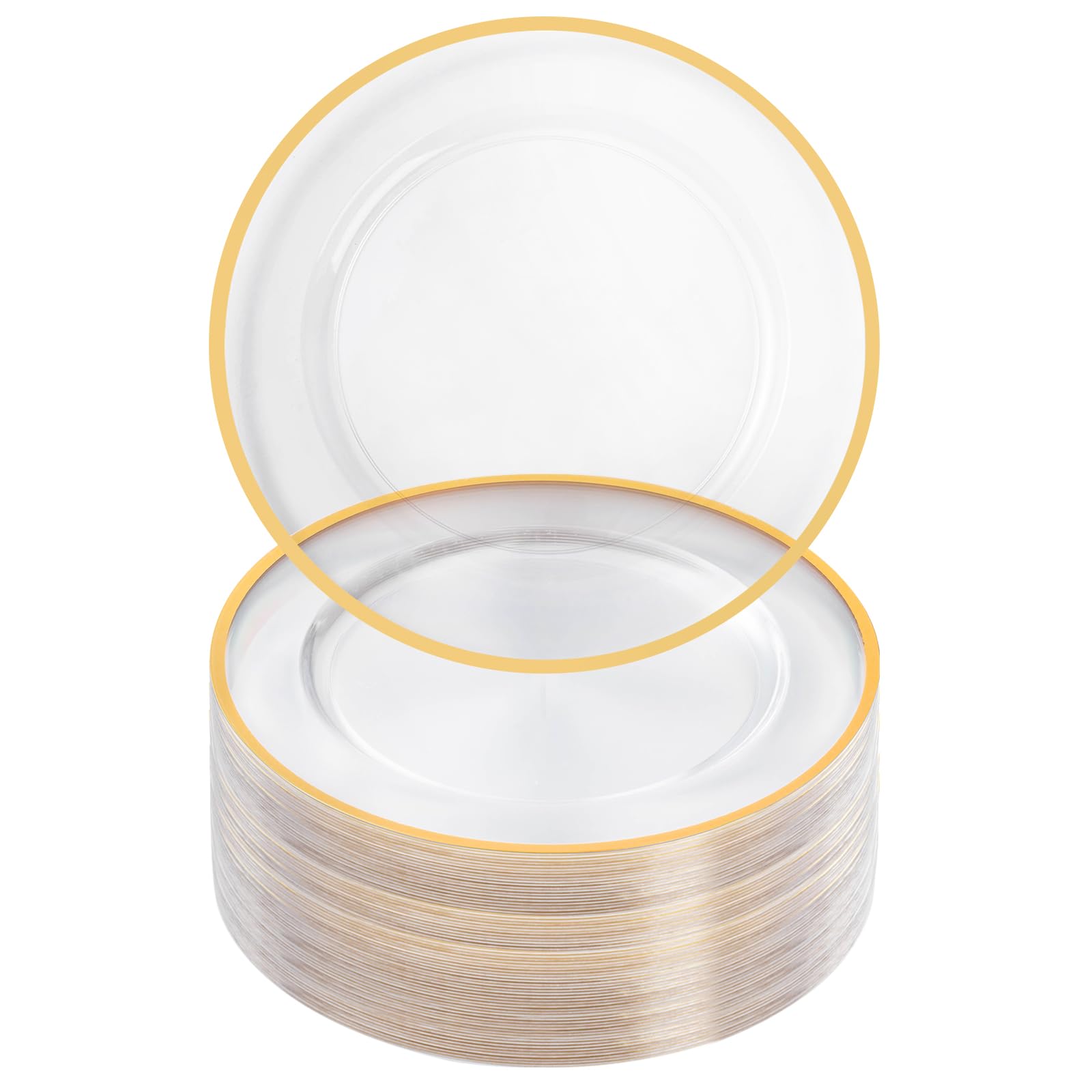 Photo 1 of Goodluck 12 Inch Disposable Charger Plates Plastic, 100 Pack Plastic Clear Charger with Gold Rim, Gold Charger Plates for Dinner, Wedding, Party