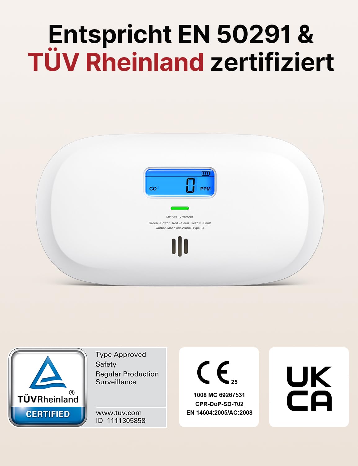 X-Sense Kohlenmonoxid Melder, TÜV Rheinland Zertifiziert, 10 Jahre Sensor, CO Melder mit austauschbarer Batterie und digitalem Display, Kohlenmonoxid-Melder mit Testknopf, XC0C-SR 2