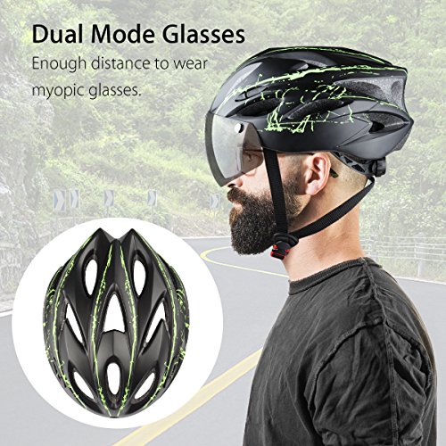 Ranger5 Cycling Helmet with Visor, Adult Bike Helmets with Removable Magnetic Shield, Detachable Liner & Dust Resistant Cover, Lightweight, Adjustable Size for Road Cycling, Outdoor - Black & Green