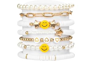 Abitoncc Preppy Heishi Surfer Bracelets Set for Teen Girls, Cute Earrings Aesthetic Rings Preppy Colorful White Gold Clay Bead Stackable Stretch Bracelets Pack, Y2K Jewelry Lightning Bolt Heart Star Preppy Accessories