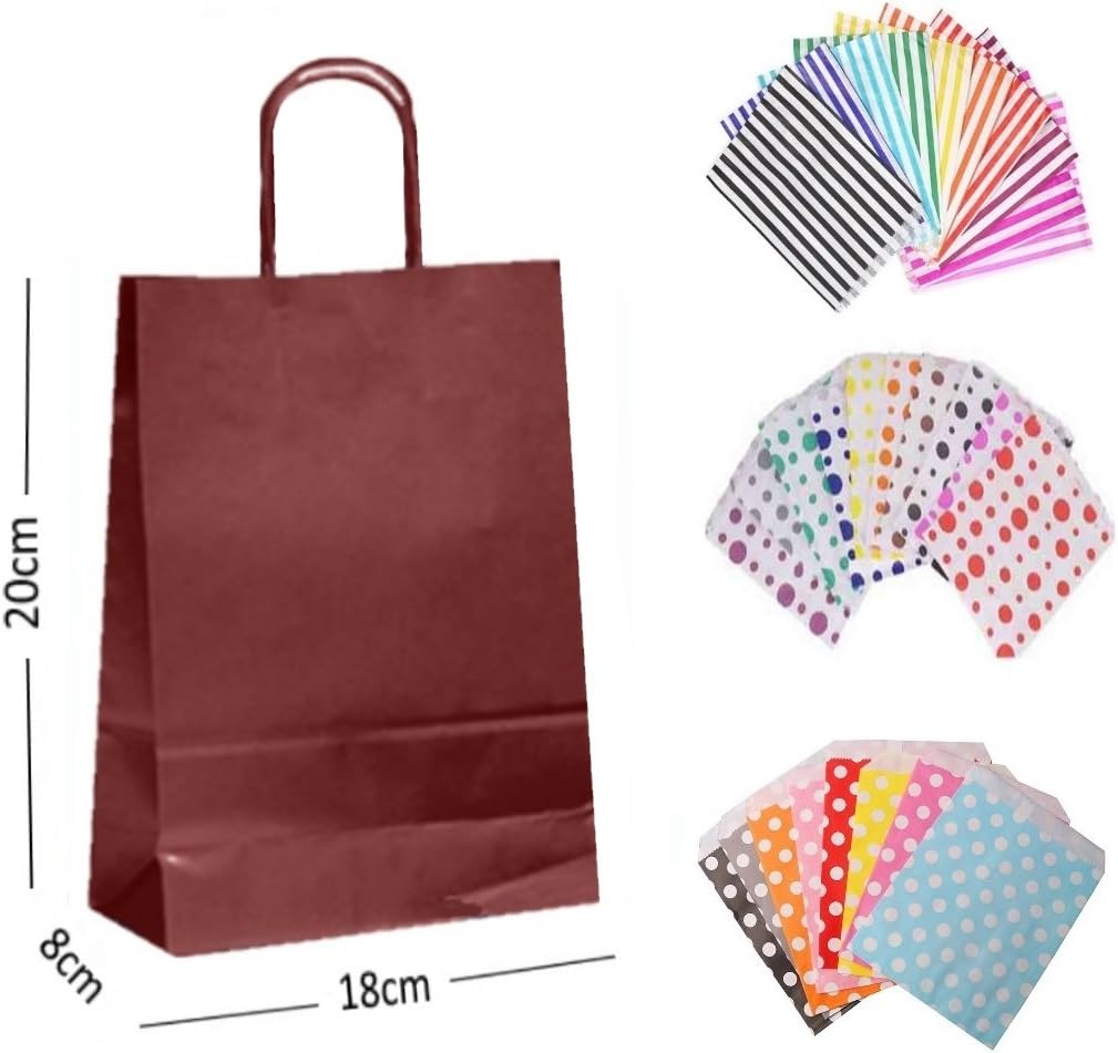 40 x BURGUNDY PARTY PAPER GIFT BAGS - EACH WITH A MATCHING CANDY STRIPE SWEET BAG
