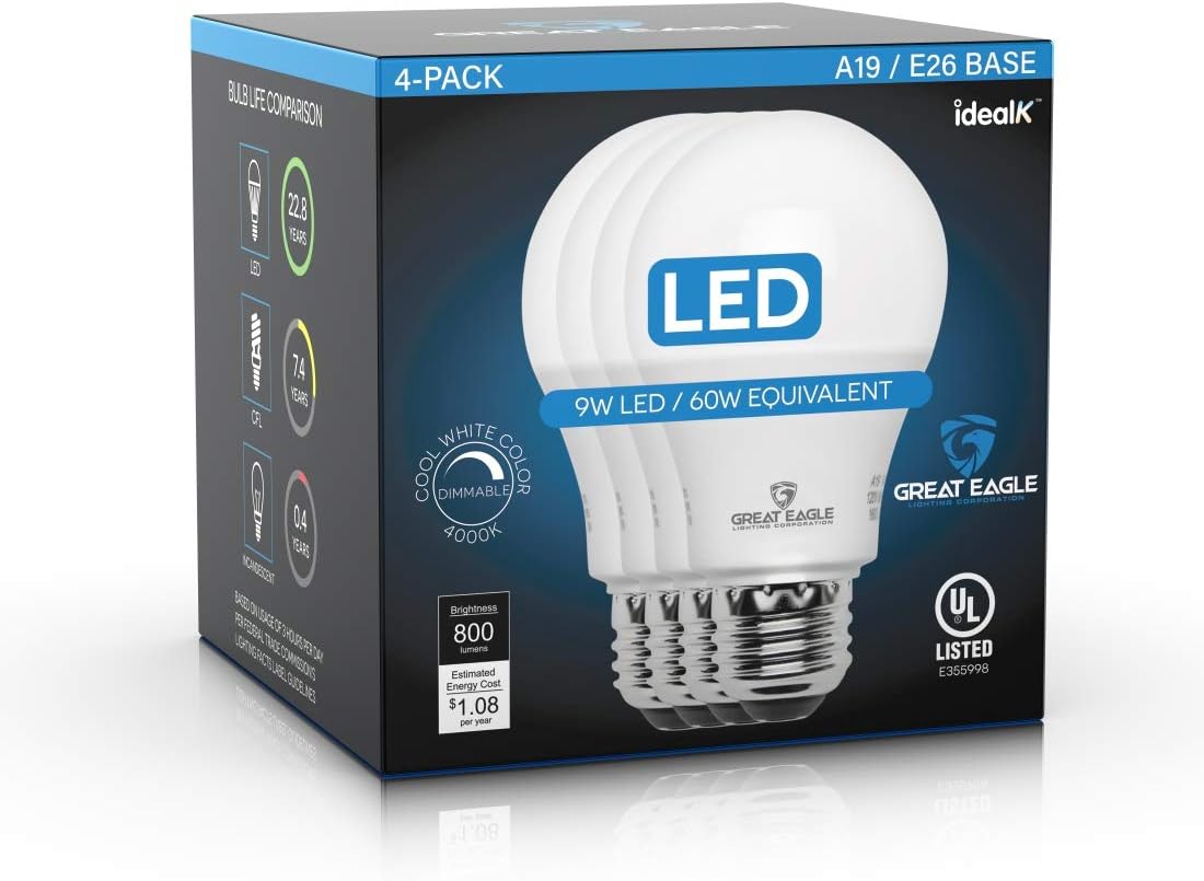 Great Eagle A19 LED Light Bulb, 9W (60W Equivalent), UL Listed, 4000K (Cool White), 800 Lumens, dimmable, Standard Replacement (4 Pack) - - 