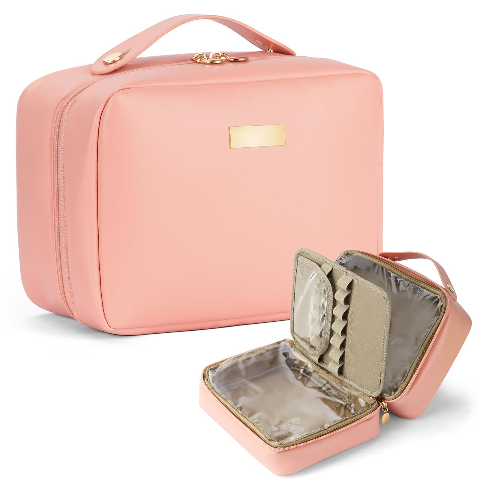 Aucuu Makeup Bag, Large Capacity Travel Cosmetic Case, PU Leather Waterproof Toiletry Bags, Portable Travel Make Up Bag, Makeup Organiser Bag with Removable Brush Compartments, for Women Girls, Pink