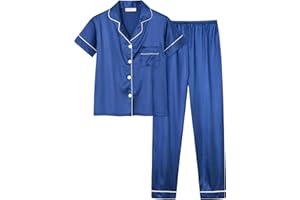 UNICABBIT21 Cute Satin Pajamas for Big/Tween Girls Silk Button Down Short Sleeve & Pants PJS Clothes Nighty Size 8-16