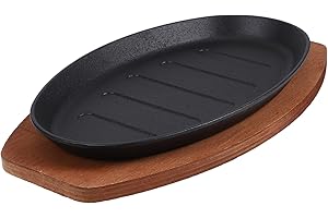 Veemoon Sizzling Plate with Wooden Base Cast Iron Steak Baking Tray Non Stick Sizzling BBQ Pan Fajita Server Tray for Kitchen