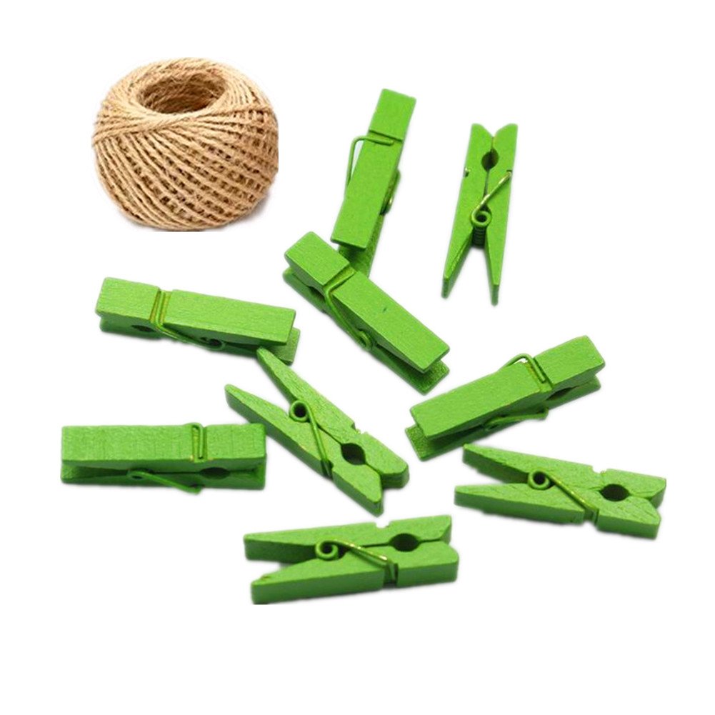 100 Colored Wooden Large Pegs 45mm Clothespins Craft Photo Clips with 20 Meters Jute Twine for Craft Rustic Decoration (Green)