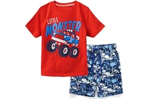 Frogwill Toddler Boys Little Monster Embroidered Truck 2-Pieces Cotton T-Shirt and Shorts Summer Outfit Set