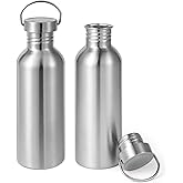 Volhoply 32oz Uninsulated Single Walled Water Bottle 2 Pack, Stainless Steel Reusable Water Bottles with Handle, BPA Free & Plastic Free 18/8 304 Metal Water Bottles for Camping, Hikers, Cyclists
