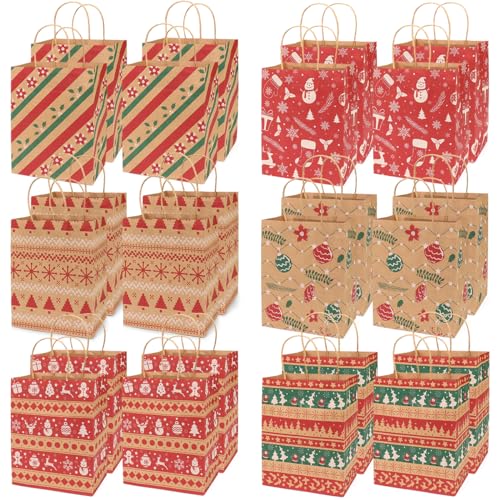 PARSUP Christmas Kraft Gift Bags 24 Count Assorted Styles Bags Xmas Small Paper Bags with Handles Christmas Goodie Bags with Christmas Prints for Xmas Gift Wrapping Christmas Party Supplies