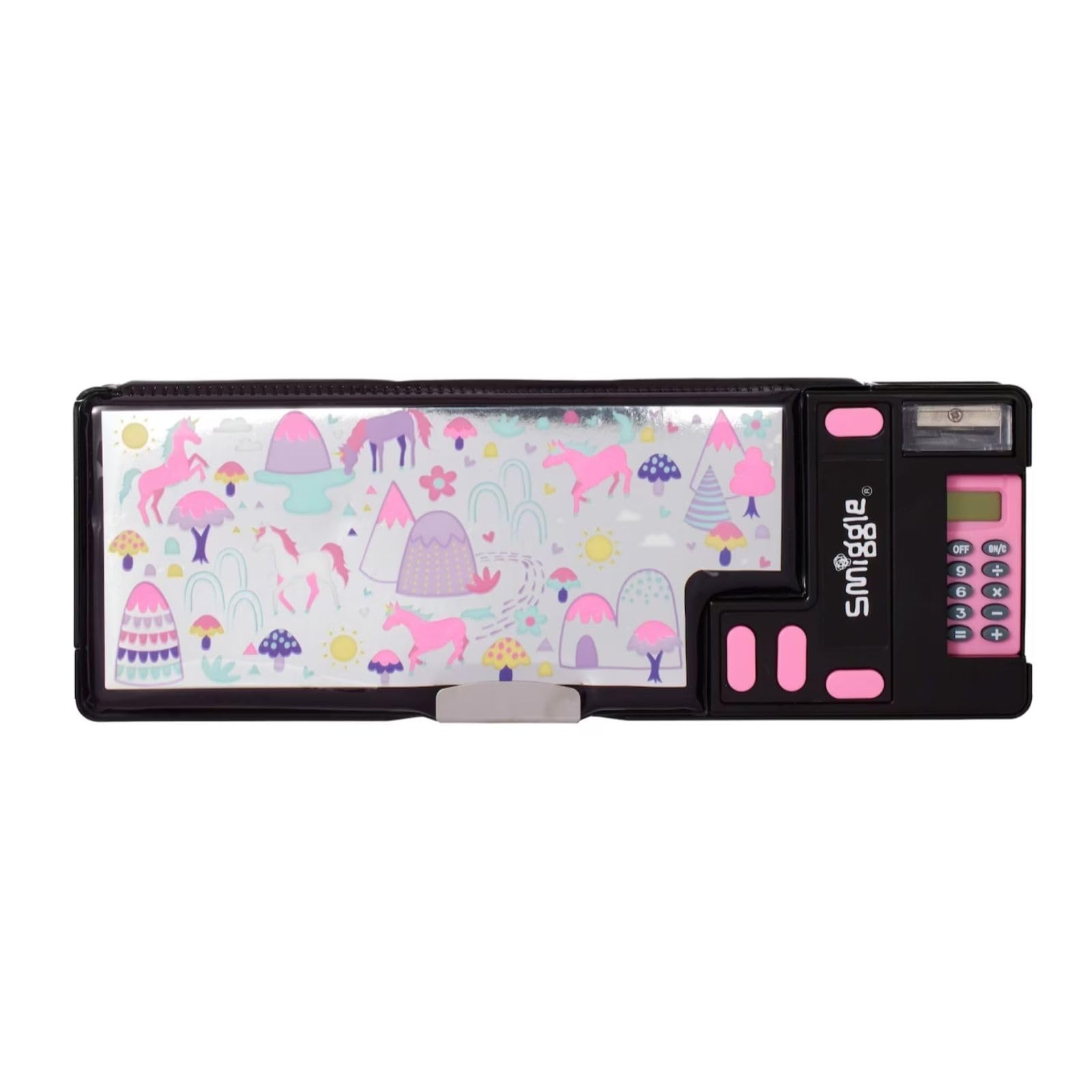 Unicorn Kids Pencil Case (Black Mix) with Vibin' Pop Out Pink Calculator and Sharpener