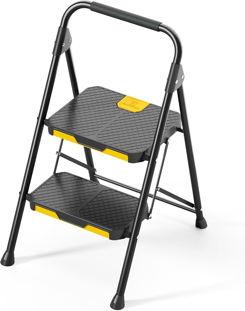 KINGRACK 2 Step Ladder Steel with Safe-Lock Handrail Anti-Slip Wide Pedals