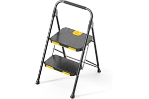KINGRACK 2 Step Ladder, Sturdy Steel Step Stool with Safe-Lock Design, Handrail, Anti-Slip Wide Pedals, Pass 800lbs Load Testing, Folding Portable Ladder for Multi-Purpose, Home, Kitchen, Black
