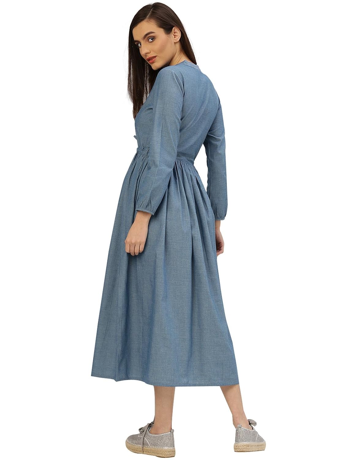 desi fusion women's a-line blue solid cotton handloom dress