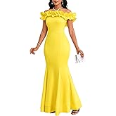 Cololura Sexy Floor-Length Off Shoulder Ruffles Stringy Selvedge Mermaid Bodycon Party Evening Maxi Dress