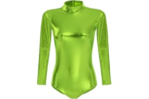 OwlFay Women Shiny Metallic Ballet Dance Leotard Long Sleeve Mock Neck Bodysuit Gymnastic Leotard Top Dress Dancewear
