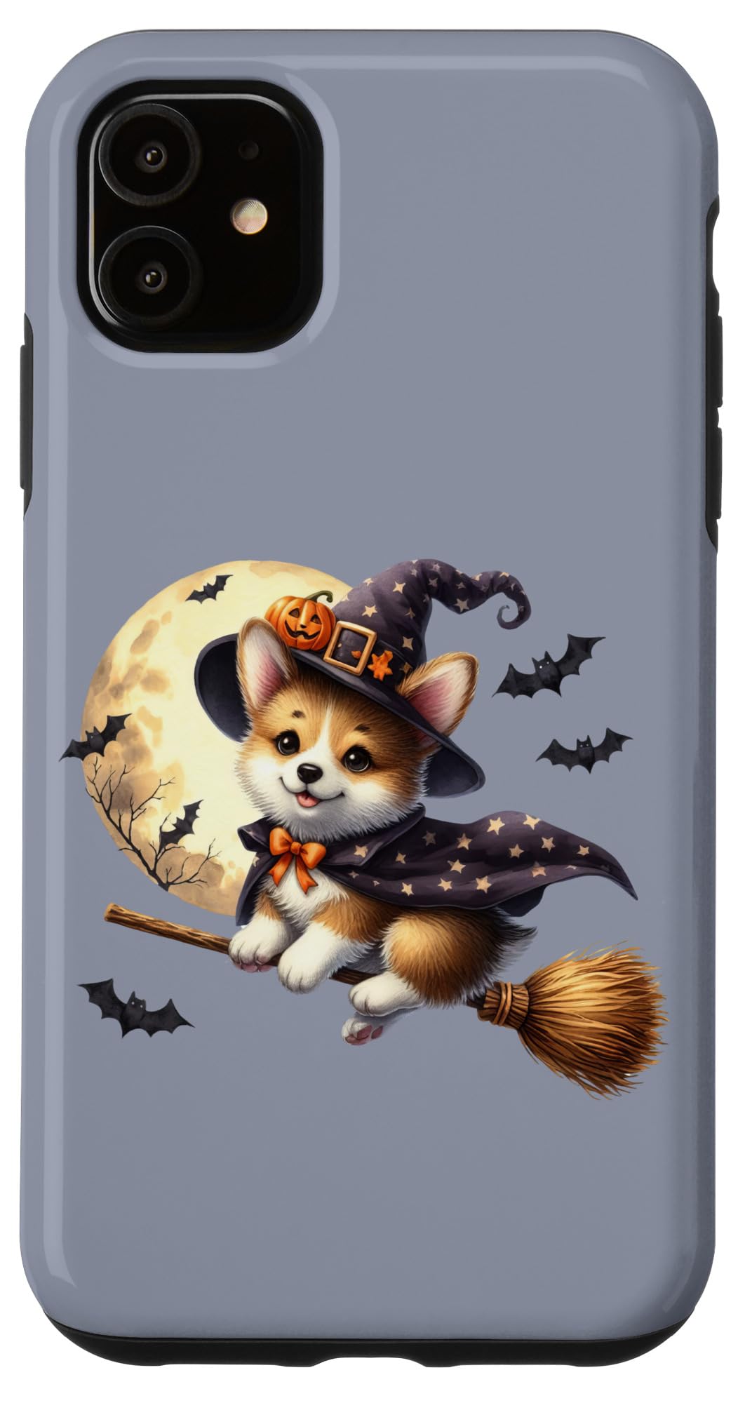 iPhone 11 Corgi Witch Flying on Broom Halloween Moon Bats Case