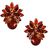 LARGE Gold Tone Art Deco Antique Vintage Retro Style Dark Ruby Garnet Red Rhinestone Bridal Bridesmaid Wedding Prom Pageant Drag Queen Statement Cluster Earrings